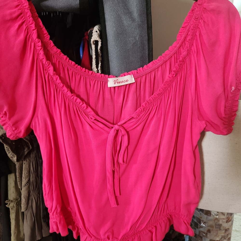 Pink Puff Sleeve Crop Top with Ruched Tie Front